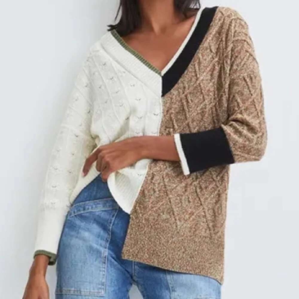 Veronica Beard Sweater Womens XS Cream Brown Colorblock Merino Wool Asymmetrical
